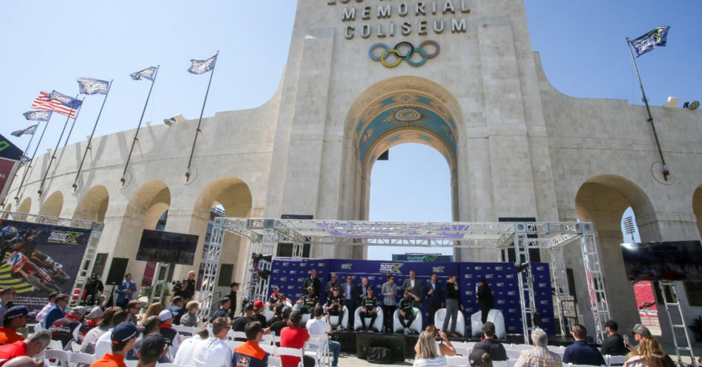 The Los Angeles Memorial Coliseum, long credited as the birthplace of Supercross, provided the perfect backdrop to discuss the future of the sport. The SuperMotocross World Championship Final will take place at the venue on October 14, 2023. Photo Credit: Feld Motor Sports 