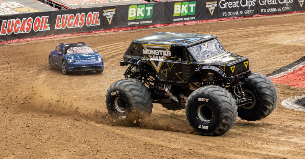 The Monster Jam truck and the Porsche