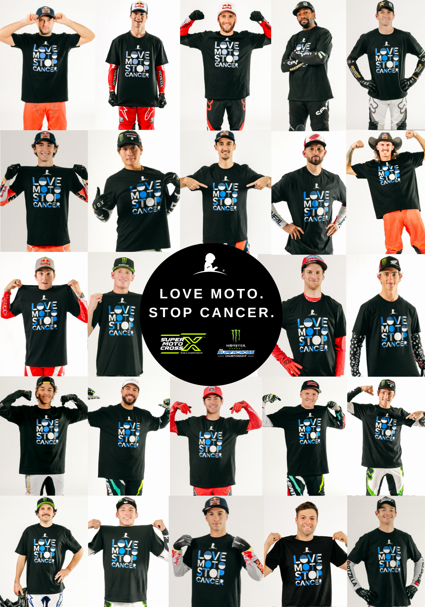 Supercross riders wearing Love Moto Stop Cancer shirts