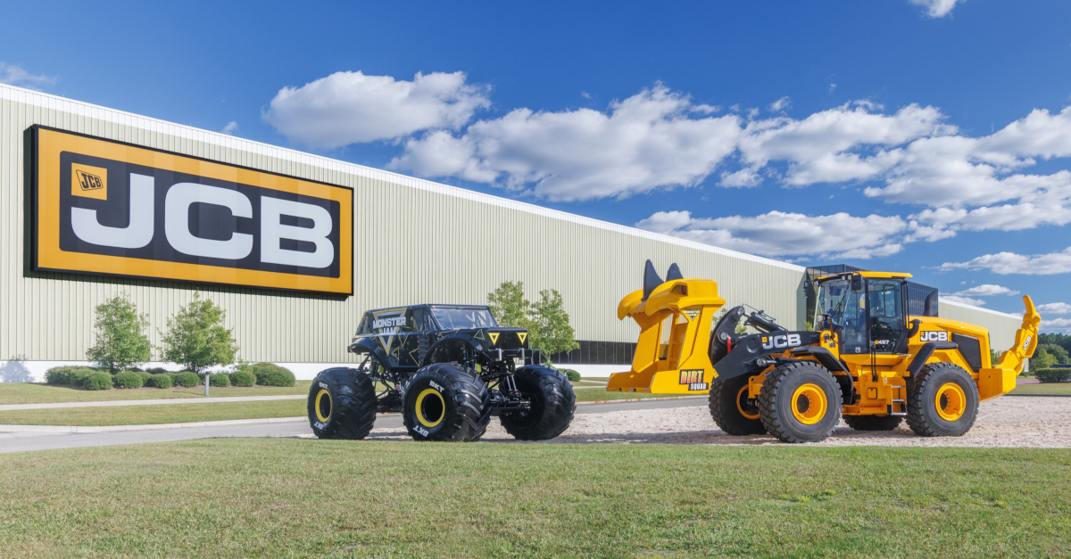 Monster Jam truck and JCB machine outside of the JCB factory