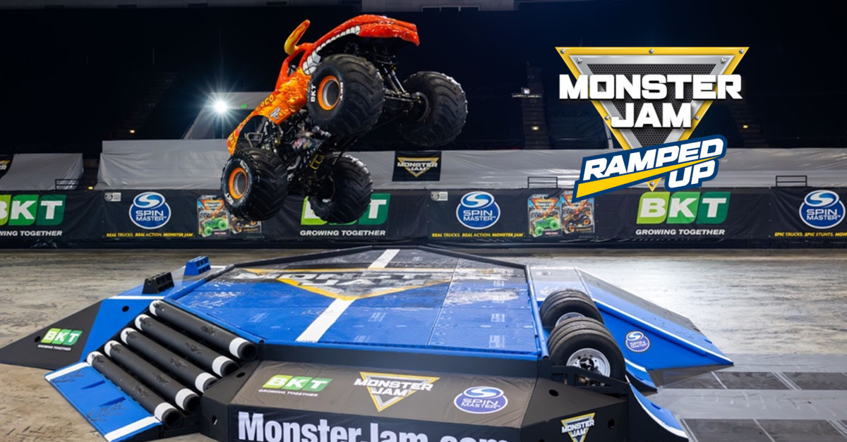 El Toro Loco jumping the Monstergon with the Monster Jam Ramped Up logo