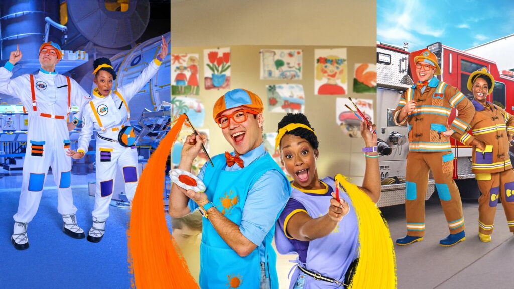 Image with Blippi and Meekah in various work outfits