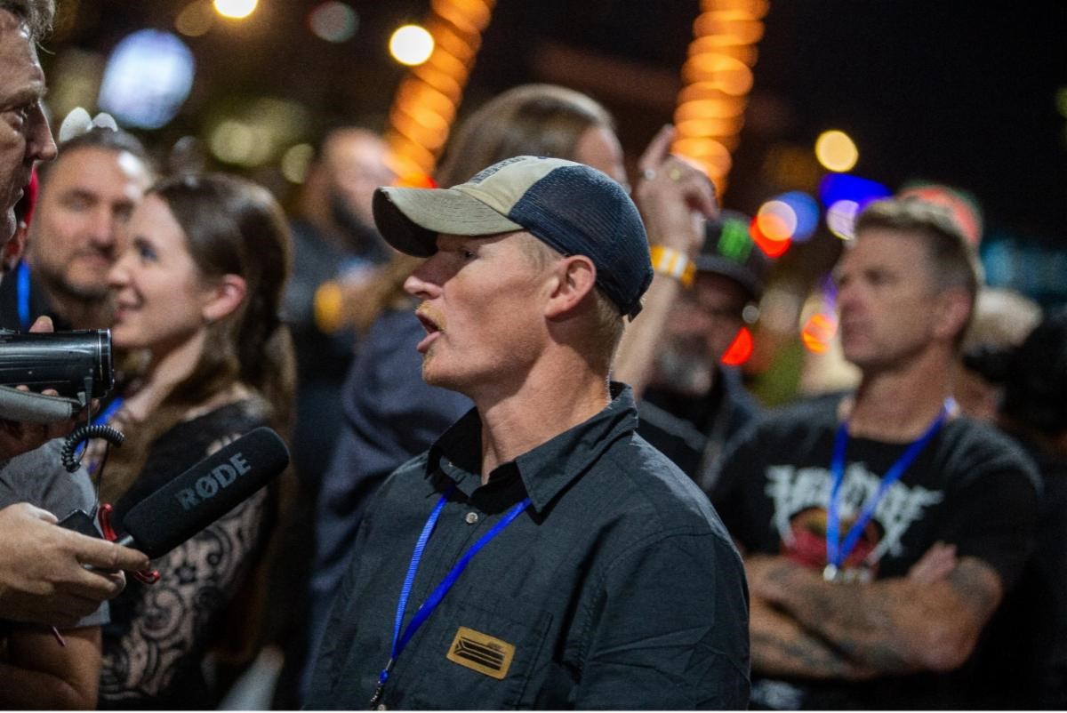 Team Tedder Monster Energy athlete (and musician) Justin Hill speaking to the press on the Red Carpet at the annual Metal Hall of Fame Gala in Anaheim, California. Photo Credit: Alec Gaut
