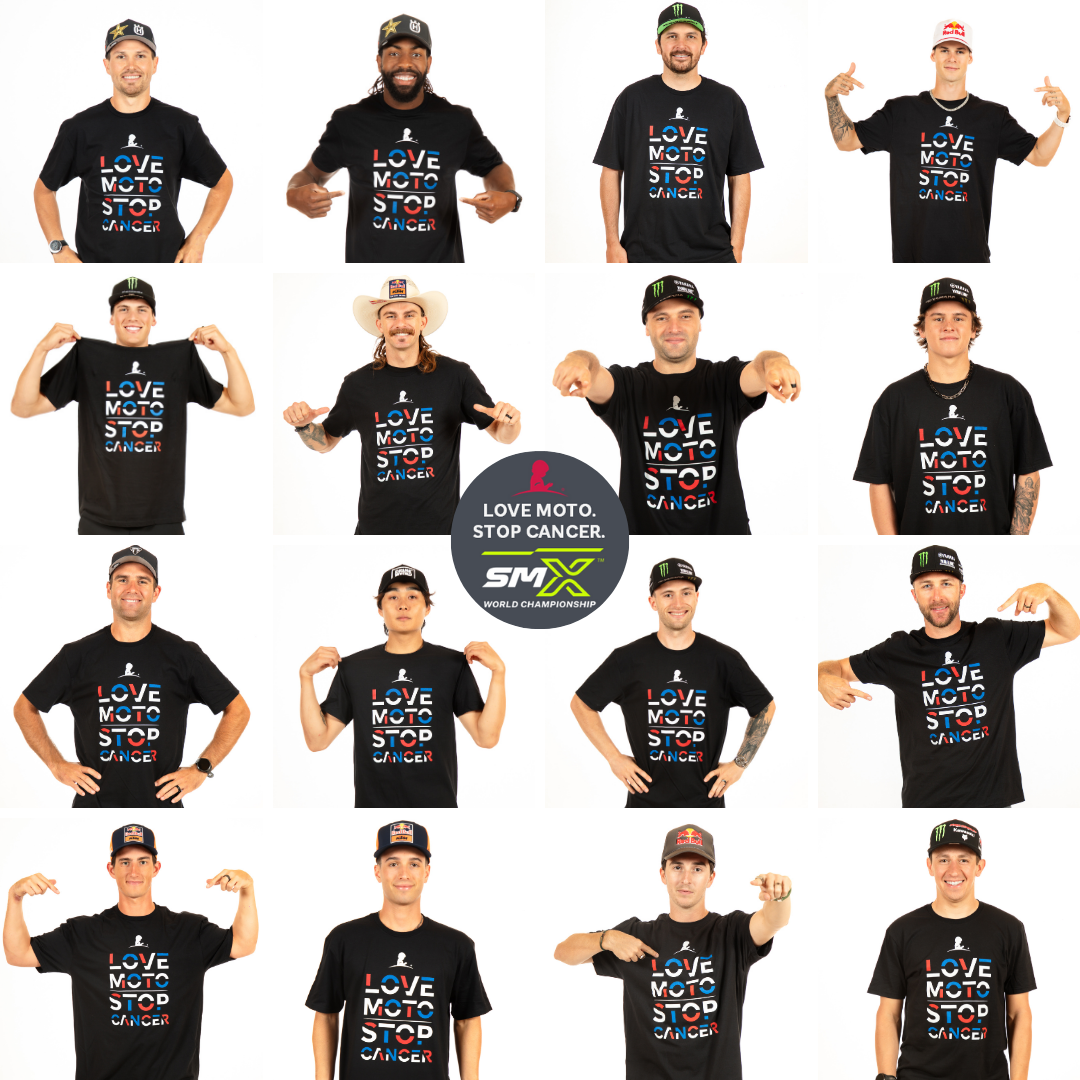 Collage of various SMX riders wearing red, white and blue Love Moto Stop Cancer shirts