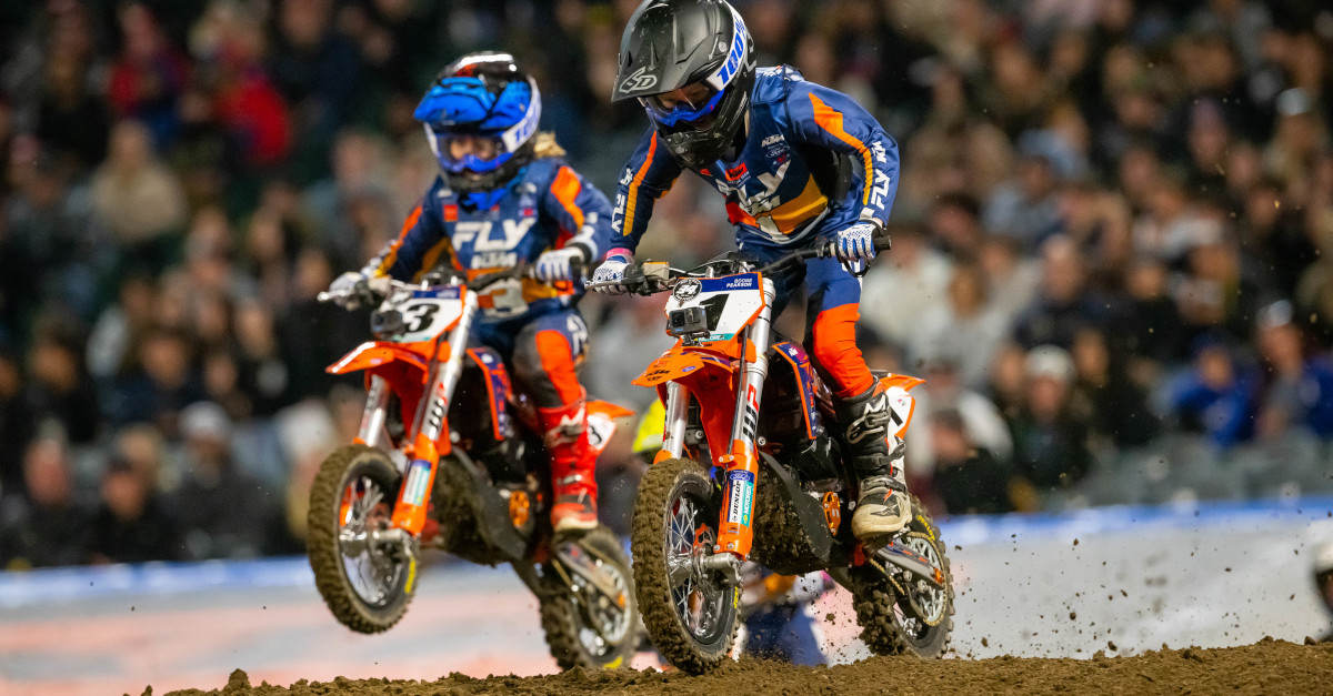 7–8-year-old KTM Junior athletes racing in front of a sold-out crowd at last year’s Anaheim Opener at Angel Stadium in Anaheim, California.