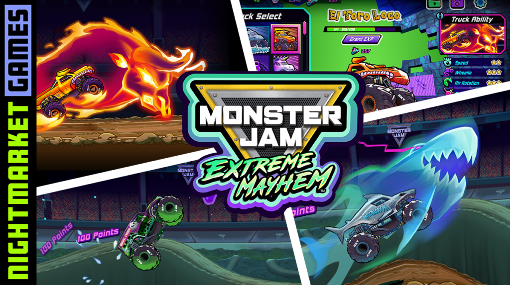 Promotional graphic with various screenshots of the Monster Jam Extreme Mayhem mobile game