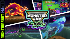 Promotional graphic with various screenshots of the Monster Jam Extreme Mayhem mobile game