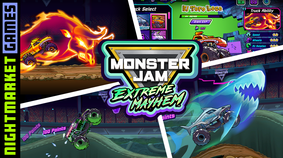 Promotional graphic with various screenshots of the Monster Jam Extreme Mayhem mobile game